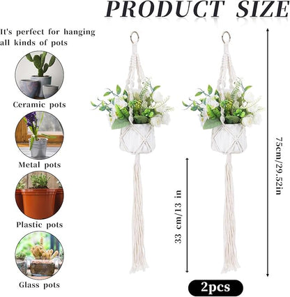 Sliverdew Macrame Plant Hanger, 2 Pack Boho Hanging Planters Baskets with Hooks, Crochet Braided Cotton Rope Flower Pot Holder for Indoor Outdoor Home Decor, No Tassels, Ivory, 20 Inches