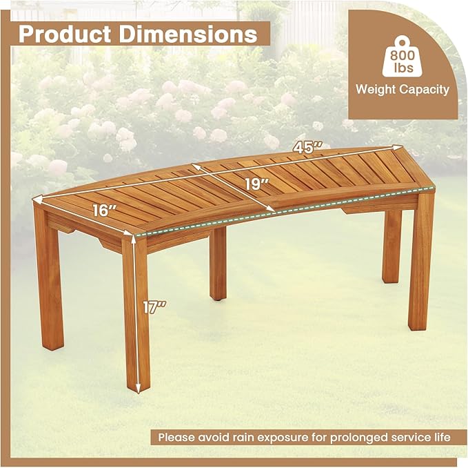 Tangkula Outdoor Curved Bench, Acacia Wood Fire Pit Bench w/Slatted Seat, Patio Backless 2-Person Seating for Porch, Yard, Garden, 800 LBS Max Load, Oil Painted (2, 45")