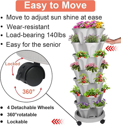 GameXcel Vertical Planter 7 Tier Stackable Planters Garden Planters Strawberry Herb Flower and Vegetable Planter Indoor Outdoor Gardening Pots with Removable Wheels and Tools - Gray