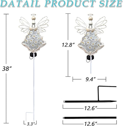 38Inch Angel Solar Lights Outdoor Decorative-Metal&Glass Angel Hydrangea Flower Garden Stake Lawn Light- Waterproof 30 Warm White LED for Remembrance Gifts & Grave Decorations (White)