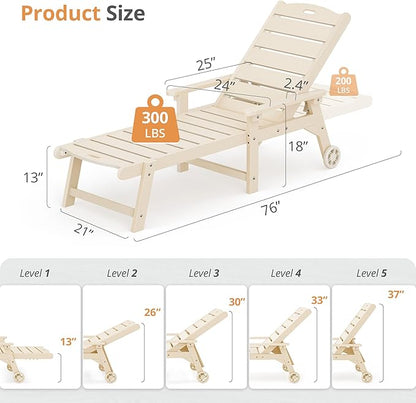 LUE BONA Outdoor Chaise Lounge Chairs Set of 4, HDPS Chaise Lounger, 5 Positions Adjustable Lounge Chairs, Pool Lounge Chair with Wheels for Poolside, Sand