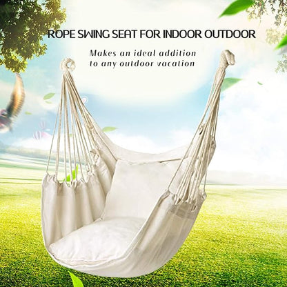 Hommtina Hammock Chair Hanging Rope Swing, Max 300 Lbs Hanging Chair with Pocket & Durability Perfect for Outdoor, Home, Bedroom, Patio, Yard (Pillows NOT Included,Beige)