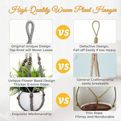 35 Inch Macrame Plant Hanger, Large for up to 15 Inch Pot Extra Long Hanging Planter Holder Basket with Wood Beads for Indoor Outdoor Home Decor (Grey, 2-Pack)