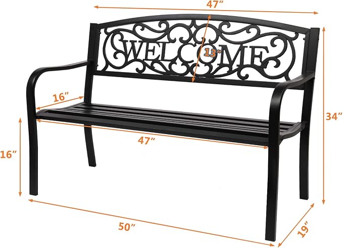 Metal Garden Bench 50 Inch Black with Plastic Backrest