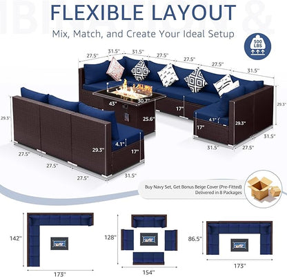 NICESOUL Modern Outdoor Patio Sectional Sofa Set with Firepit Natural Gas/Propane, 29.3'' High Back Wicker Conversation Set, 10 Seats Large Deep Seating Furniture, Brown Rattan and Navy Blue Cushion