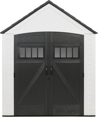 Rubbermaid Resin Outdoor Storage Shed With Floor (7 x 7 Ft) Weather Resistant, White, Organization for Home/Backyard/Garden Tools/Lawn Mower/Bike Storage/Pool Supplies