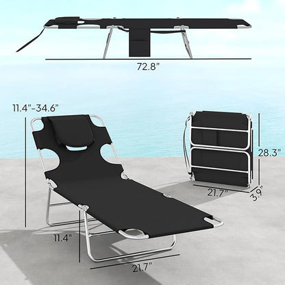 Outsunny Chaise Lounge Chair Outdoor Set of 2 with Face Arm Hole, 5-Position Reclining Face Down Tanning Chair with Carry Strap, Side Pocket, Portable Folding Bed Cot for Patio Beach Pool, Black