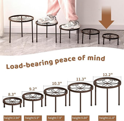 Plant Stand Indoor Outdoor 5 Pack Heavy Duty Metal Stand Multiple Plants, Anti-Rust Iron Flower Pot Stand Decoration Racks Plant Pot Shelf for Living Room Garden Balcony (Brown)