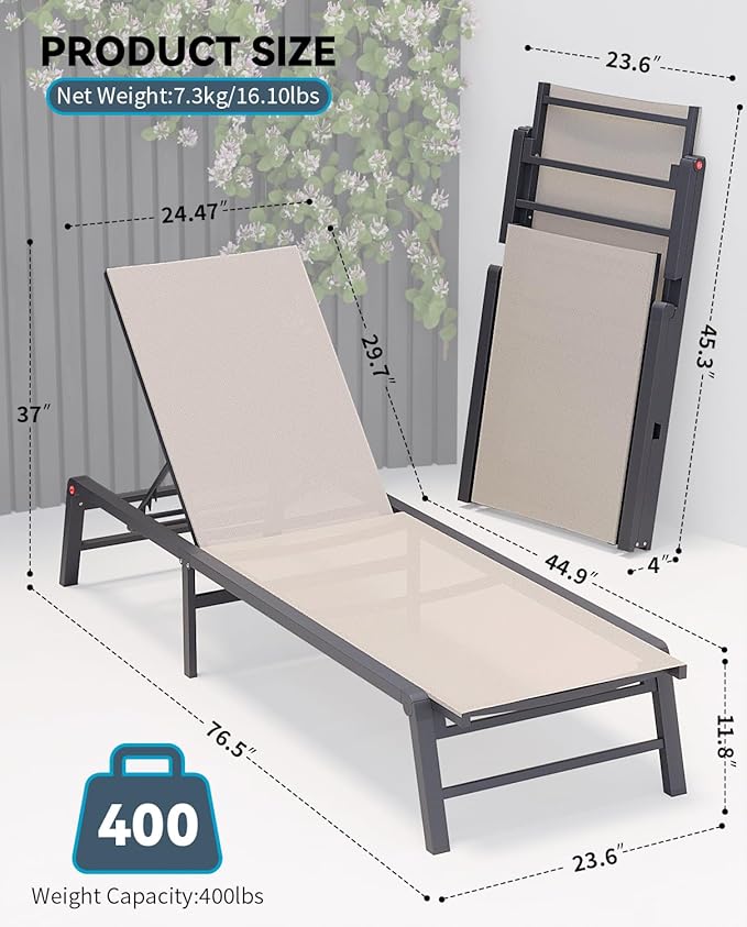 Aluminum Chaise Lounge Chair Outdoor, Foldable Patio Lounge Chair Assemble-Free, Pool Lounge Chairs with 5 Adjustable Backrest, Outdoor Lounge Chairs for Outside Poolside Beach Lawn Beige