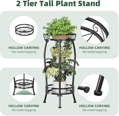 Simple Trending Plant Stand Indoor Outdoor, Tall Round Plant Shelf, 2 Tiers Metal Flower Pot Holder Stand Heavy Duty, for Garden, Balcony, Black