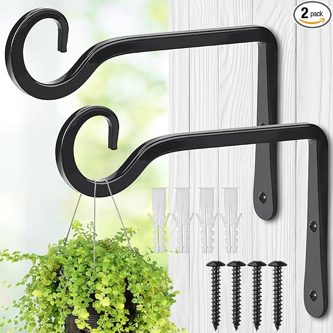 Plant Hangers Outdoor, 2 Pack 6 Inch Hanging Plant Bracket, Metal Hanging Plant Hooks, Wall Hooks for Hanging Plants, Bird Feeder, Flower Basket, Wind Chimes, Indoor Outdoor (Black)