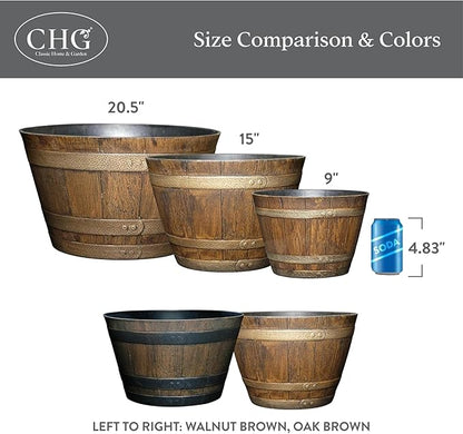 Classic Home and Garden Outdoor Round Whiskey Resin Flower Pot Barrel Planter, Distressed Oak Brown, 20.5" (Pack of 3)