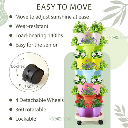 Umigy 2 Set of 7 Tier Vertical Planter Stackable Tower Planters Strawberry Herb Flower and Vegetable Pots Indoor Outdoor Gardening Pots with Removable Wheels and Tools(Macaron)