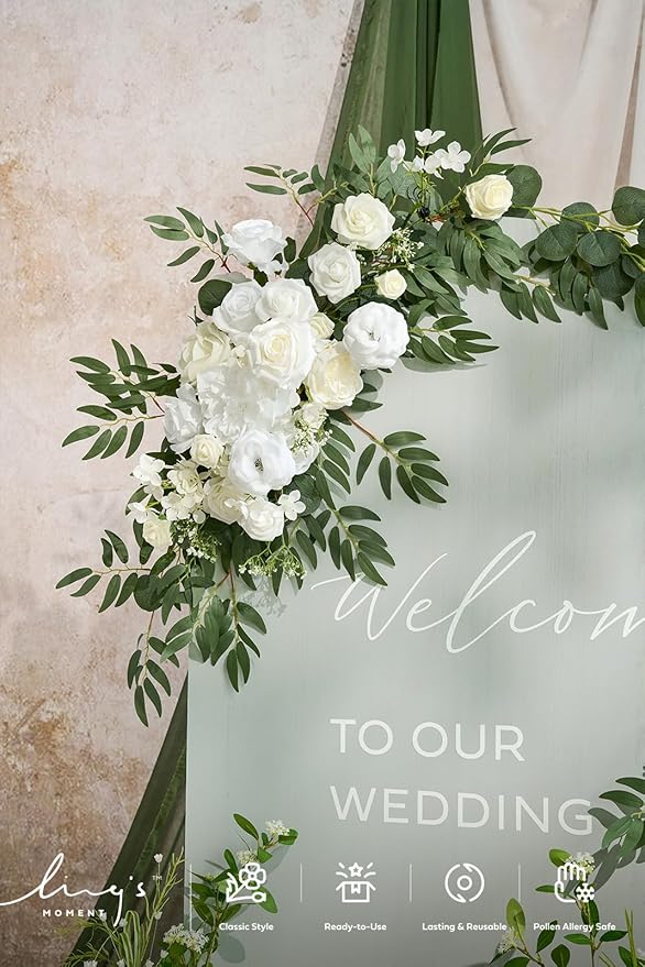 Artificial Flowers Wedding Arch Kit, 4 Piece Set, White and Sage Green