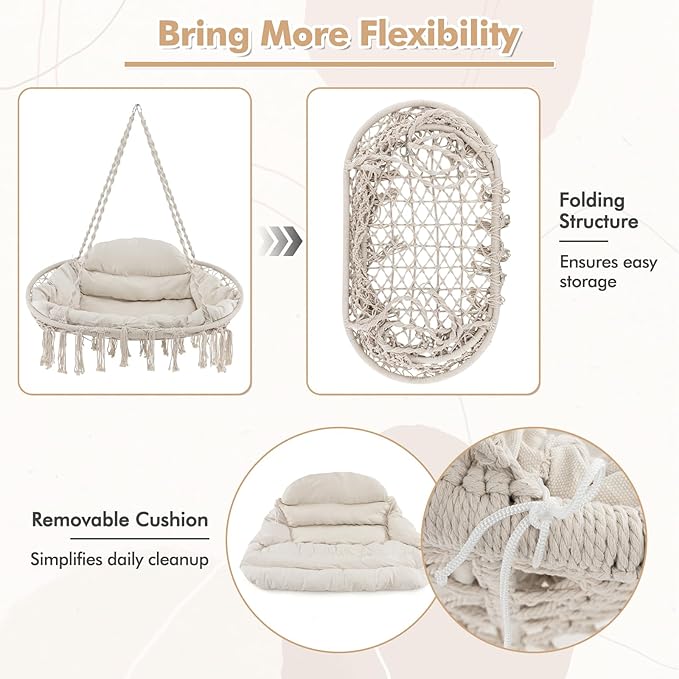 Tangkula 2-Person Hanging Hammock Chair, Boho Style Macrame Hammock Swing with Soft Cushions, Tassels, Indoor Outdoor Cotton Rope Hanging Swing Chair for Bedroom, Porch, Balcony