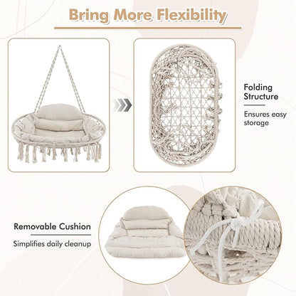 Tangkula 2-Person Hanging Hammock Chair, Boho Style Macrame Hammock Swing with Soft Cushions, Tassels, Indoor Outdoor Cotton Rope Hanging Swing Chair for Bedroom, Porch, Balcony