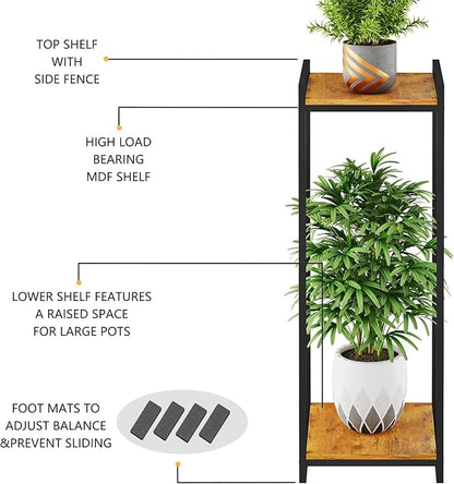 2-Tier Plant Stand Indoor, 34" Tall Modern Plant Shelf Corner Flower Pot Holder Organizer for Living Room Balcony Garden, Rustic Brown