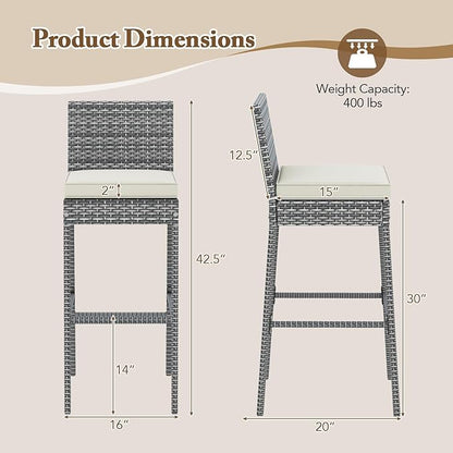 HAPPYGRILL Patio Wicker Barstools Set of 4, Outdoor Bar Height Chair w/Soft Seat Cushion & Cozy Footrest, Heavy-Duty Metal Frame, 400 lbs Max Load, Rattan Armless Bar Chairs