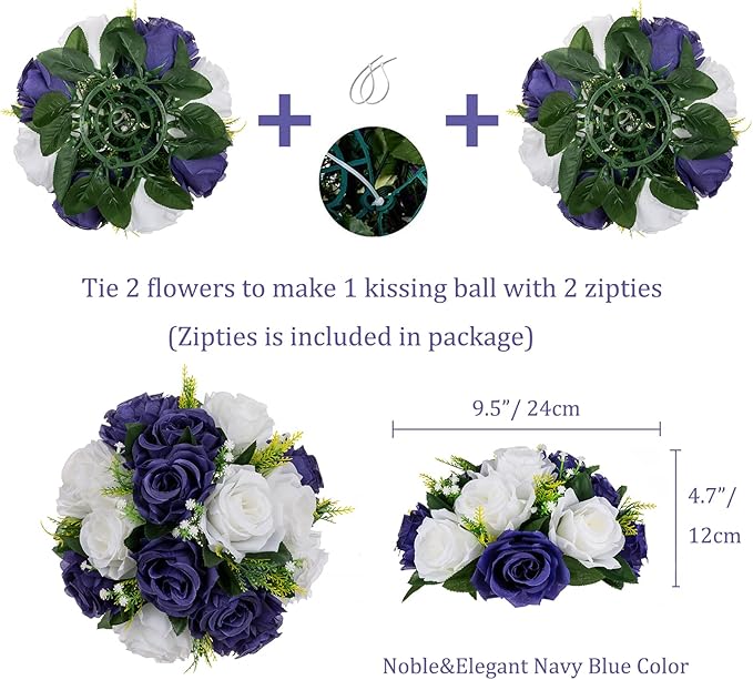 Artificial Flowers Silk Rose Centerpiece Ball, Navy Blue & White