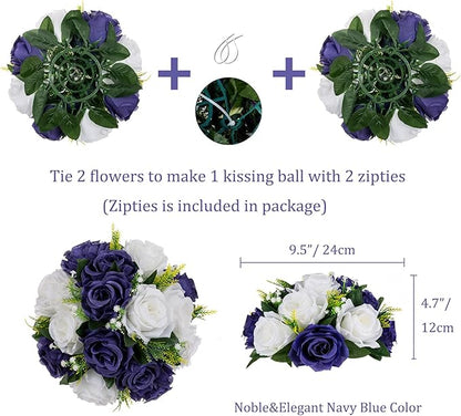 Artificial Flowers Silk Rose Centerpiece Ball, Navy Blue & White