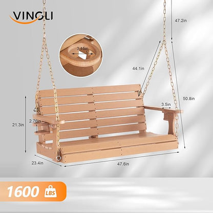 VINGLI Heavy Duty 1600 LBS HDPE Porch Swing Outdoor with Rotatable Cup Holder, 4 FT Patio Bench Swing with Adjustable Chains, 2 Person Hanging Porch Swing Chair for Porch, Yard, Tree, Garden - Teak
