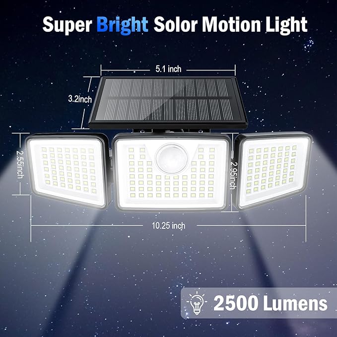 2500LM Solar Lights Outdoor with Motion Sensor,3 Head 270° Wide Angle Street Area Lights, IP65 Waterproof Security Lighting with 3 Modes(Non-Remote,2 Pcs)