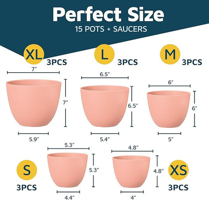 Pink Plant Pots with Drainage Holes & Saucers 15 Pack, Indoor & Outdoor Stackable Space-Saving Planters for Houseplants & Flowers, (7", 6.7", 6", 5.3", and 4.8" Inches), Durable & Weatherproof