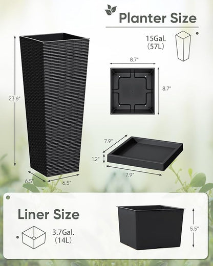 Greesum Set of 2 Tall Plastic Planters with Saucer, 24 Inch Large Pots with Drainage Trays, Weather-Resistant Plastic Plant Containers for Patio, Porch, Garden,Black