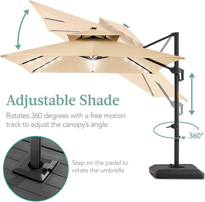 Best Choice Products 10x10ft Cantilever Patio Umbrella w/Base Included, Solar LED Lights 360 Rotation Large Offset Hanging Outdoor Shade for Deck Pool Backyard w/Stand – Sand