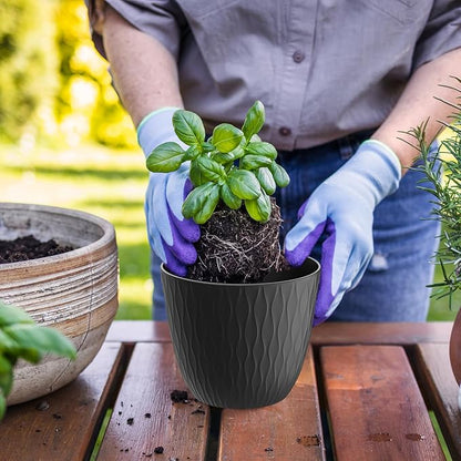 6 inch Plant Pots, 5 Pack Flower Pots with Drainage Holes and Saucers for Indoor Plants, Plastic Planters with Water Ripple for Small Garden House Plants, Nursery Pots for Succulent, Black