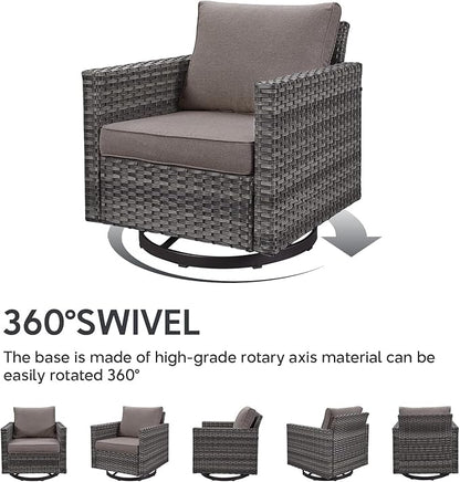 Patio Sectional Furniture Set with Fire Pit Table: 10 Pieces Wicker Patio Conversation Set with L Shaped Sofa, Outdoor Swivel Glider Rocker, Rattan Club Chairs, Ottomans, Removable Cushions Grey