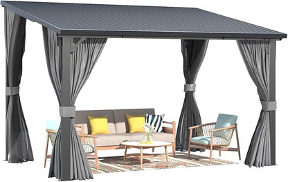 AECOJOY 12'x8' Outdoor Hardtop Gazebo Pergola with Curtains and Netting for Patio, Large 8x12 Steel Heavy Duty Lean to Wall-Mounted Pergolas and Grill Gazebos Clearance, Metal Roof Awnings for Decks
