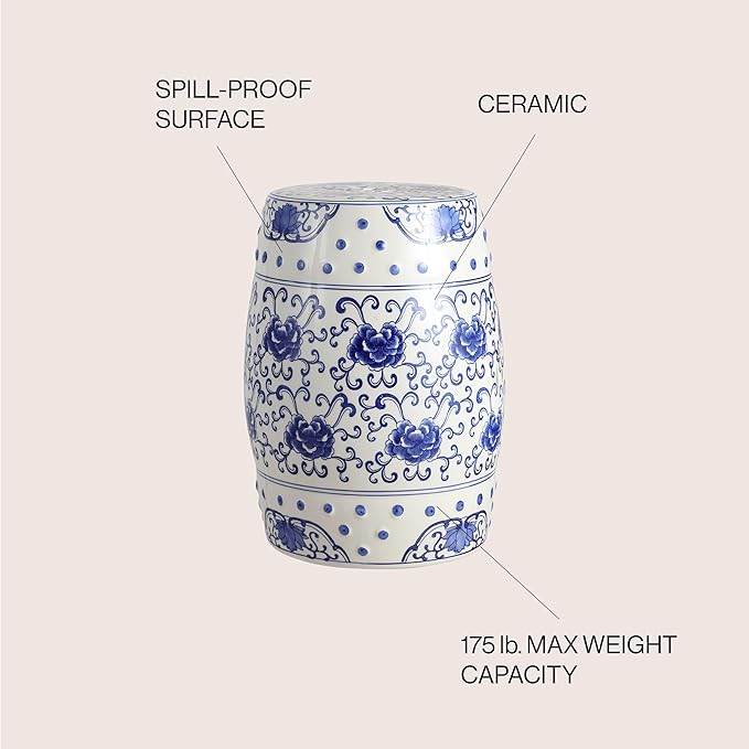 Decorative Garden Stool, Blue and White Ceramic Lotus Drum, 17.75 Inch