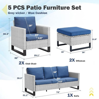 Belord Wicker Patio Furniture 5 Piece Outdoor Sofa Set, Oversize Outdoor Dining Chairs with Rattan Ottomans, Conversation Sets Patio Furniture Come with Removable Washable Cushion Blue, Light Grey