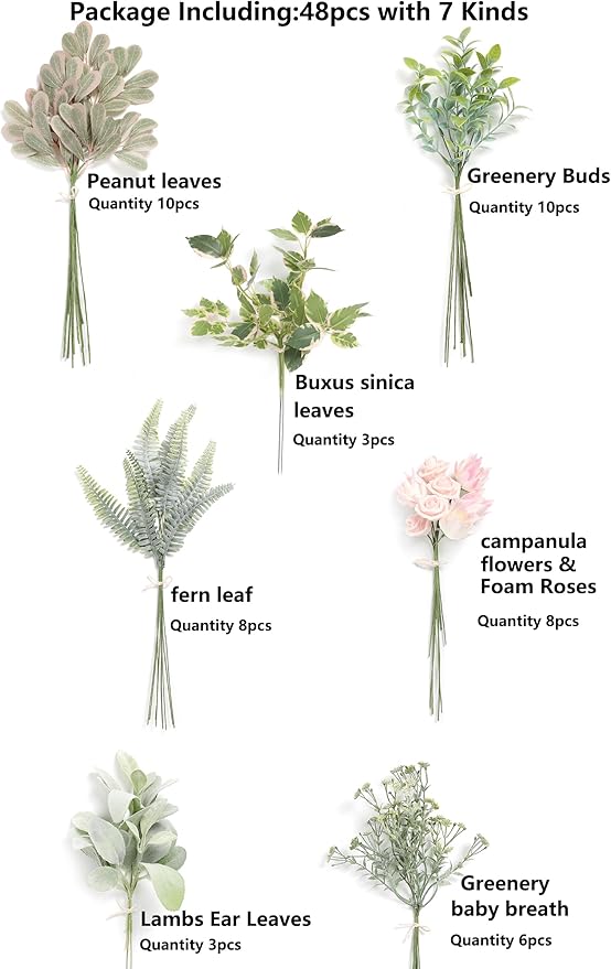 Artificial Greenery Spray Set, 48 Pieces, 7 Varieties, Faux Silk