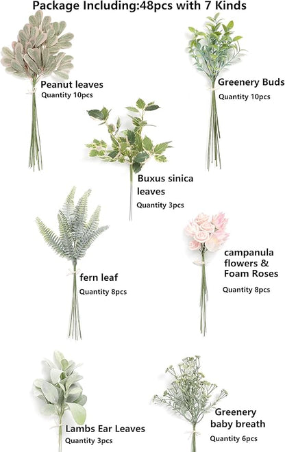 Artificial Greenery Spray Set, 48 Pieces, 7 Varieties, Faux Silk