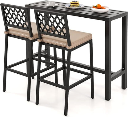 COSTWAY 3 Piece Outdoor Bar Table and Chairs Set, 48" Pub Height Bar Table & 2 Cushioned Bar Stools with Rhombus Backrest, Metal Patio Bar Table Set for Balcony, Backyard, Porch, Pool