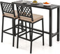 COSTWAY 3 Piece Outdoor Bar Table and Chairs Set, 48" Pub Height Bar Table & 2 Cushioned Bar Stools with Rhombus Backrest, Metal Patio Bar Table Set for Balcony, Backyard, Porch, Pool