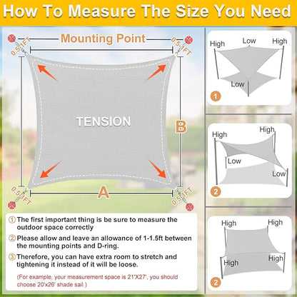KANAGAWA Sun Shade Sail 20'x20' Grey Rectangle UV Block Canopy Awning Shelter Fabric Cloth Screen for Outdoor Patio Garden Backyard