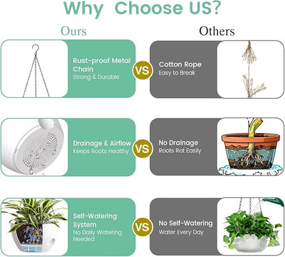 4 Pack 8 Inch Self Watering Hanging Planters for Indoor Outdoor Plants，Hanging Pots for Plants with Drainage Removable Tray, Hanging Baskets Flower Pots for Ivy Pothos Spider Garden Porch White