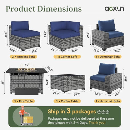 Aoxun 7 Piece Patio Furniture Set with Wide Armrests & 44” Fire Pit Table Wicker Rattan Outdoor Sectional Sofa Set with Coffee Table and Thickened Cushions, Gray/Blue(Waterproof Cover Included)