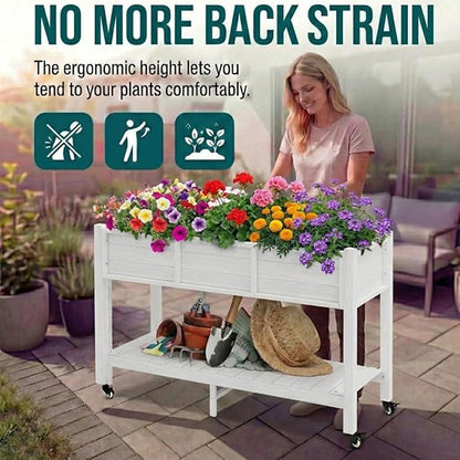 YITAHOME Raised Garden Bed HDPE, 47x18x31In Raised Flower Bed Poly-Wood Weather-Resistant Elevated Planter Box with Lockable Wheels & Storage Shelf for Vegetable Flower, White