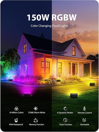Onforu LED Flood Light Outdoor 1000W Equivalent, 150W Color Changing RGBW Floodlight with Remote, Stage Lights Uplights for Events, IP66 Uplighting Spotlight Floor Strobe Light for Christmas 4 Pack