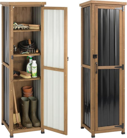 Outdoor Storage Cabinet Weatherproof, Tall Wood Garden Potting Bench Table with Removable Shelves, Metal Top, Outdoor Patio Cabinet Work Station for Tool Accessories,17.8''x17.8''x62''