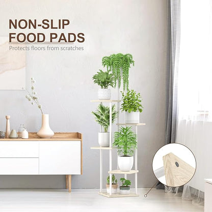 6 Tier Tall Plant Stand Indoor, Large Metal Wood Muti Level Vertical Planter Shelf Orchid Holder for Narrow Corner, Sturdy Heavy Duty Flower Display Rack for House Decor Living Room Bedroom, White