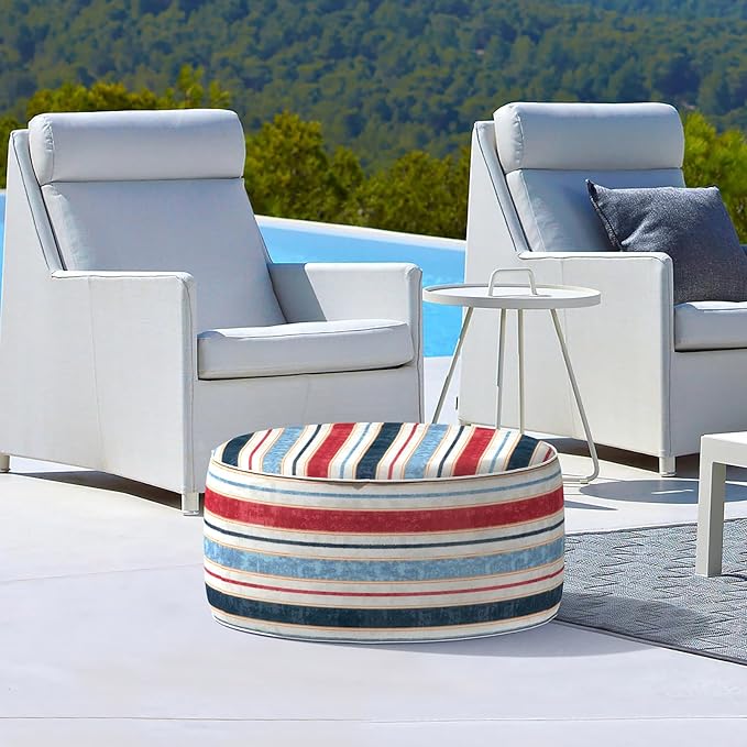 LVTXIII Outdoor Inflatable Ottoman, Fade-Resistant Round Footrest Stool D31”x H14”, Portable Patio Pouf for Garden Camping or Home Use, Stripe Red Blue