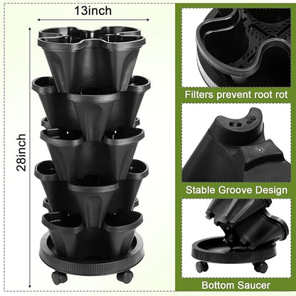 Umigy 2 Set 5 Tier Stackable Planters Vertical Garden Planters for Strawberry Herb Flower and Vegetable Indoor Outdoor Gardening Pots with Removable Wheels and Bottom(Black)