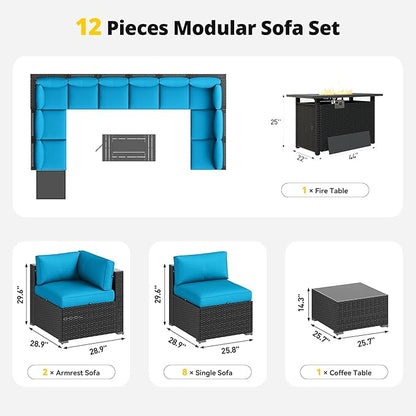 Aoxun Patio Furniture Set with Fire Pit Table, 12 Piece Outdoor Sectional Sofas, 10 Seats Wicker Rattan Outdoor Furniture with Thickened Cushion for Backyard, Garden Peacock Blue