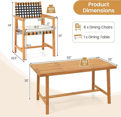 Tangkula 7 Piece Patio Dining Set for 6 People, 63” Outdoor Rectangular Acacia Wood Table with 1.97” Umbrella Hole & 6 Armchairs with Padded Seat Cushions, for Deck Yard and Poolside