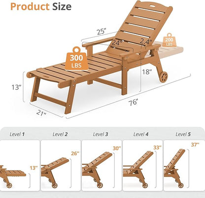 LUE BONA Outdoor Chaise Lounge Chairs Set of 4, HDPS Chaise Lounger, 5 Positions Adjustable Lounge Chairs, Pool Lounge Chair with Wheels for Poolside, 3 Year Warranty, Teak Color